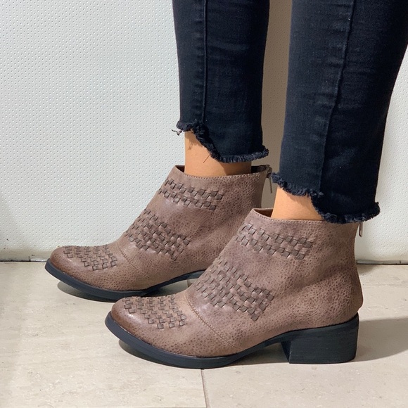 Taupe Woven Top Distressed Boho Ankle Booties - Picture 3 of 7